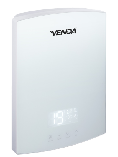 VENDA Curved instant water heater in white, angled view