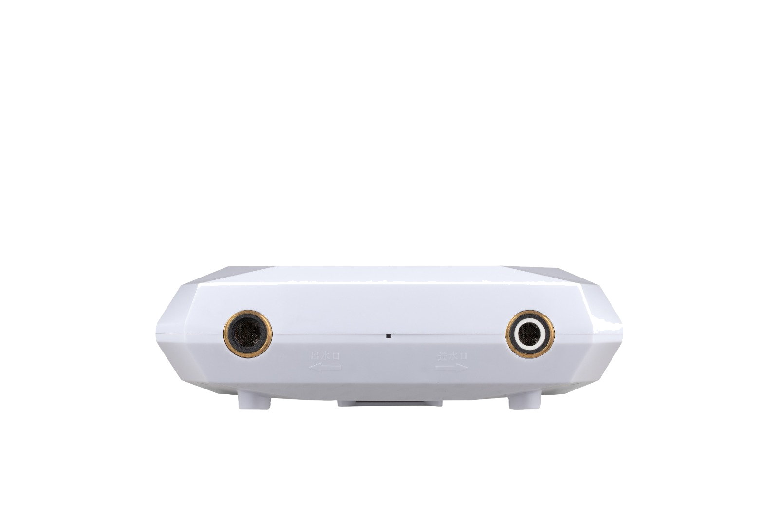 Close-up of VENDA white water heater inlet and outlet ports