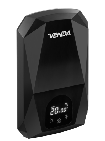 VENDA Diamond instant water heater in black, angled view