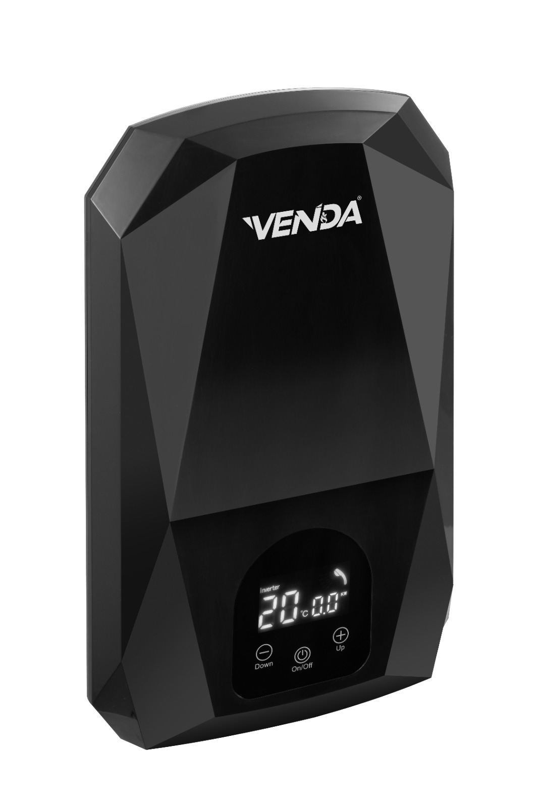 VENDA Diamond instant water heater in black, angled view