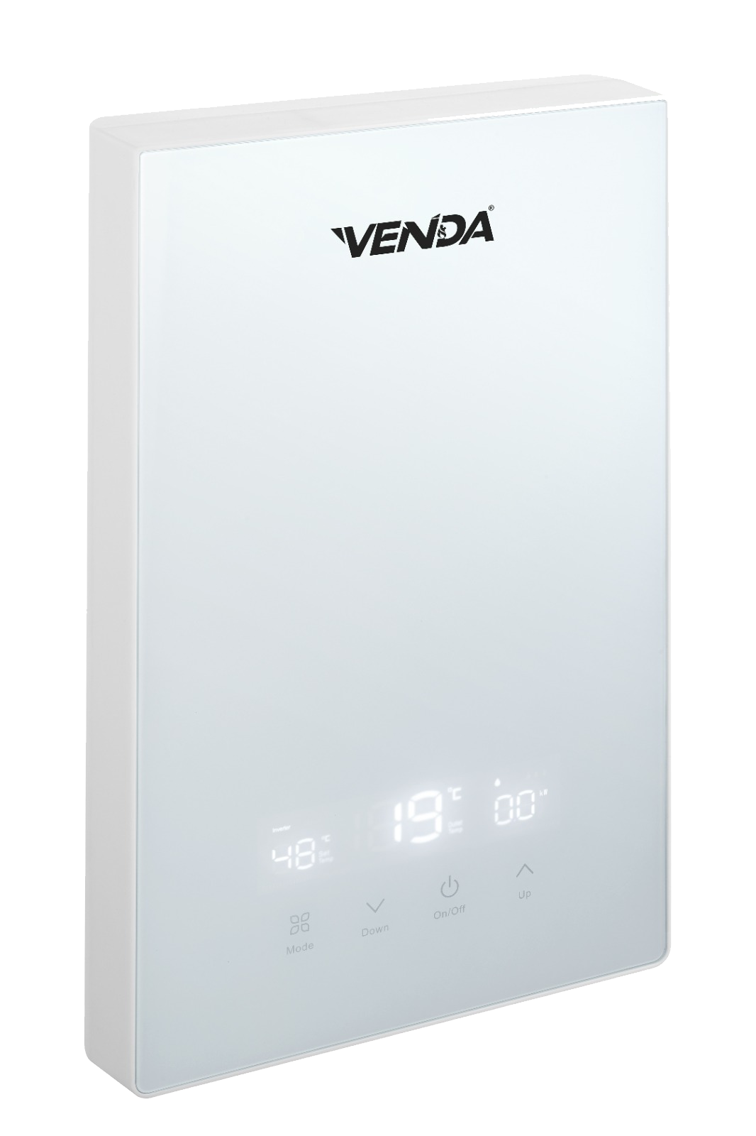 VENDA Flat instant water heater in white, angled view