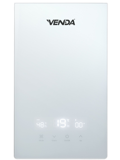 VENDA Flat instant water heater in white, front view