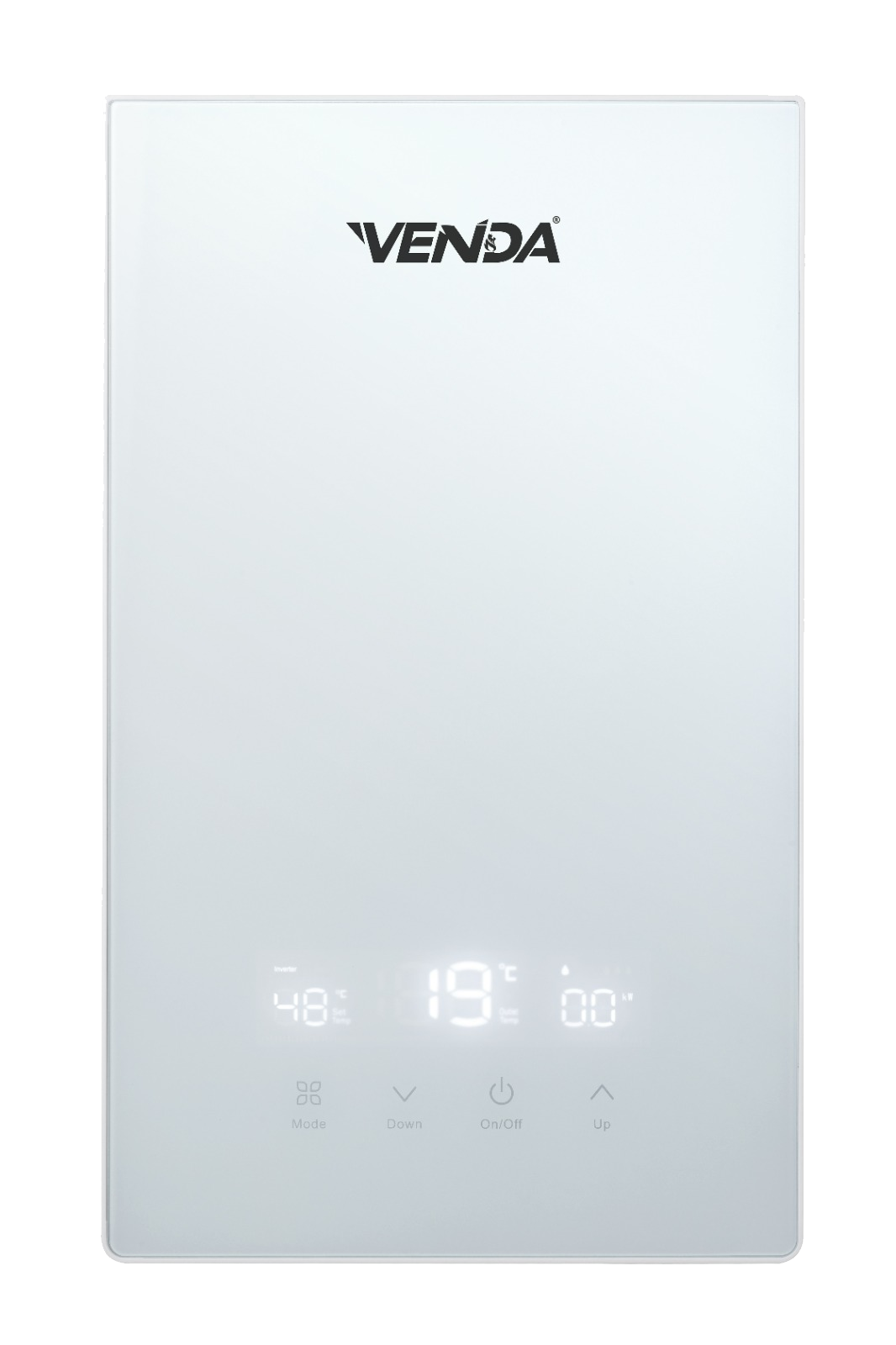 VENDA Flat instant water heater in white, front view