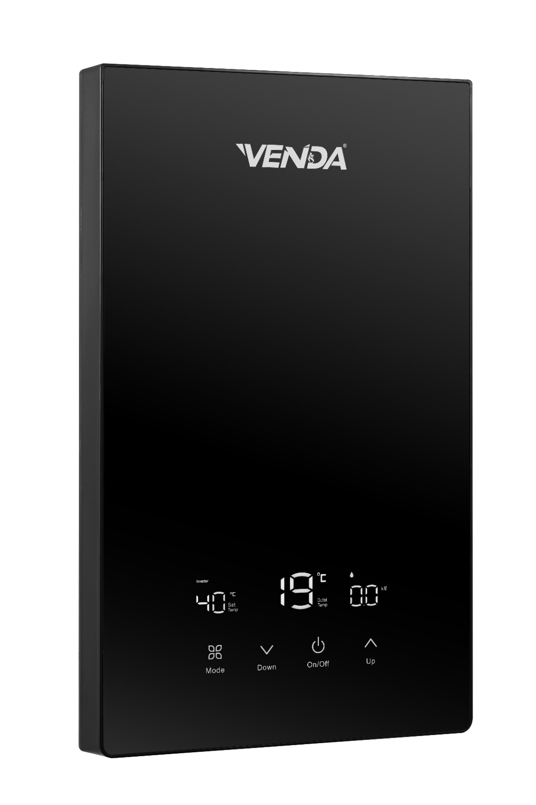 VENDA Glass instant water heater in black, angled view