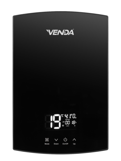 VENDA Glass instant water heater in black, alternate front view