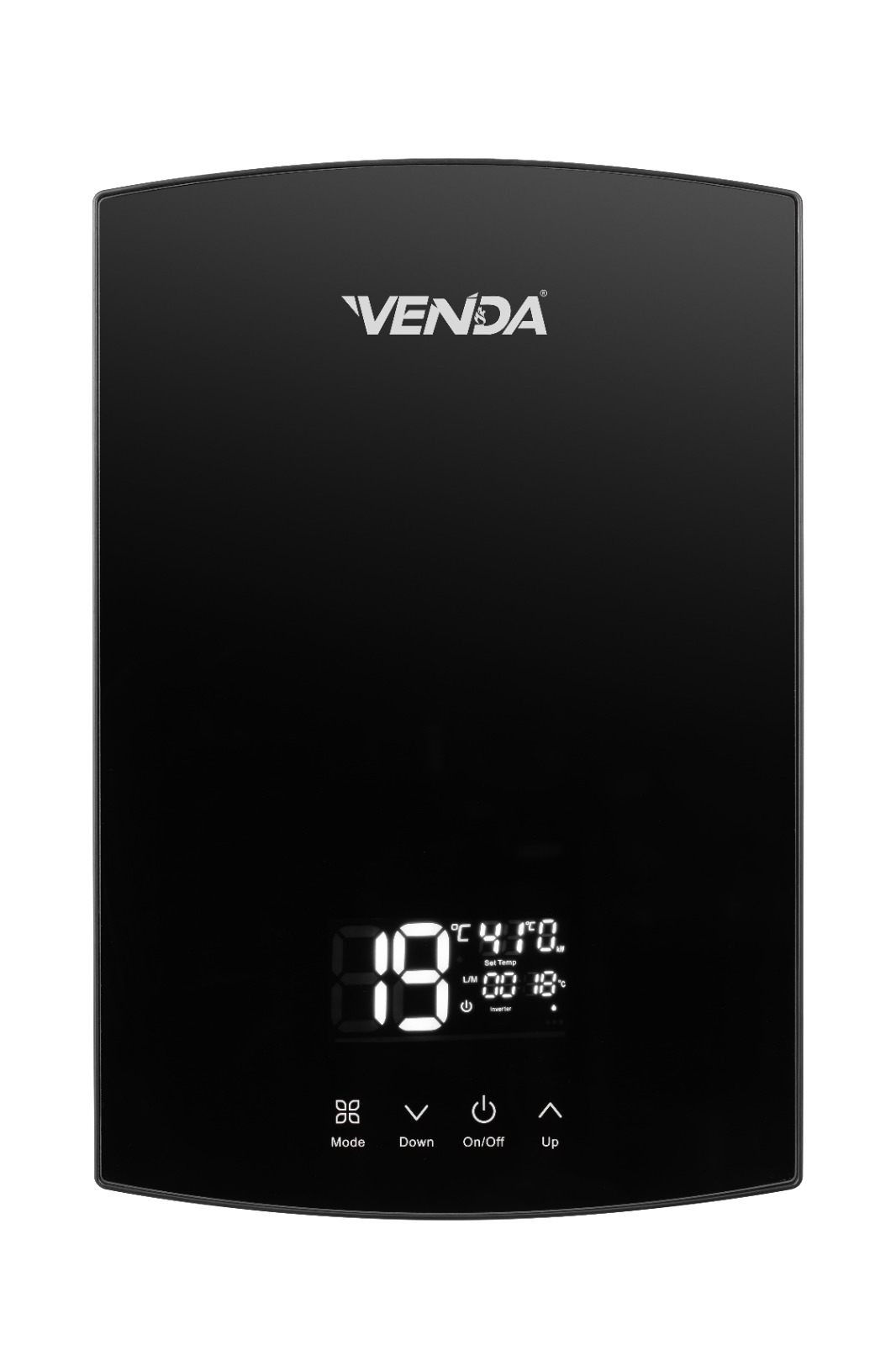 VENDA Glass instant water heater in black, alternate front view