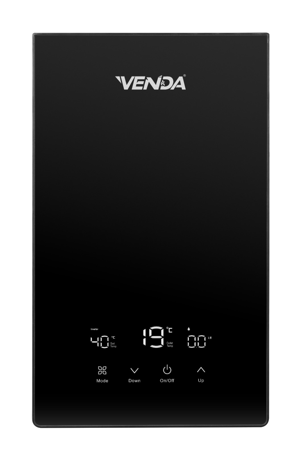 VENDA Glass instant electric water heater in black, front view